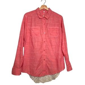 Free People Slubby Road Trip Lace Crochet Back Button Down Shirt Size Small Pink